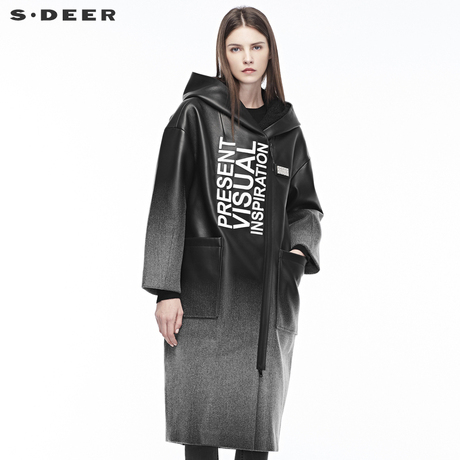 sdeer圣迪奥女装皮革质感撞色刺绣字母贴袋连帽长外套S18481805商品大图