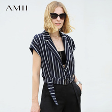 Amii韩版港风V领翻领短款马夹2018夏装新款女装半袖腰带修身马夹图片