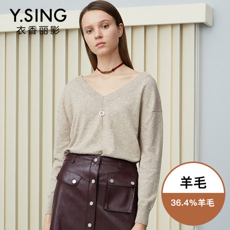 衣香丽影商场同款2018秋装新款韩版V领系带毛衣套头羊毛上衣女商品大图