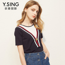 针织衫女圆领套头短袖衣香丽影2018夏装新款韩版时尚撞色薄款上衣图片