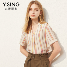 衬衫女条纹短袖V领衣香丽影2018夏装新款韩版宽松薄款套头上衣图片