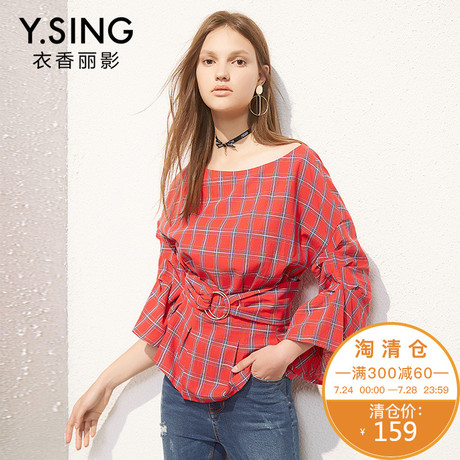 衣香丽影2018夏装新款韩版五分袖格子圆领套头衬衫商品大图