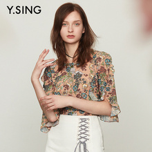 衣香丽影商场同款2018年夏装新款荷叶边宽松碎花雪纺衫套头上衣女图片
