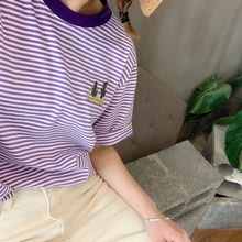 19夏新可爱仙人掌细条纹宽松显瘦短袖 特Hamo韩国东大门代购 T恤女
