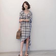 中长款 格子连衣裙G2025 拼接不对称蝙蝠袖 韩国代购 新款 女装