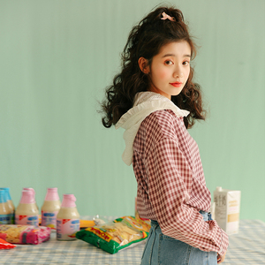 甜美可爱格子连帽衬衣