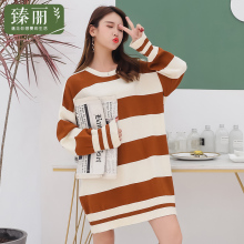 臻丽 2018新款大码女装胖mm冬装条纹毛衣遮肚子中长款套头针织衫图片