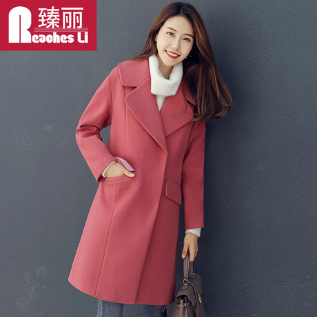 臻丽 毛呢大衣女中长款时尚淑女外套2017冬季新款女装纯色修身商品大图