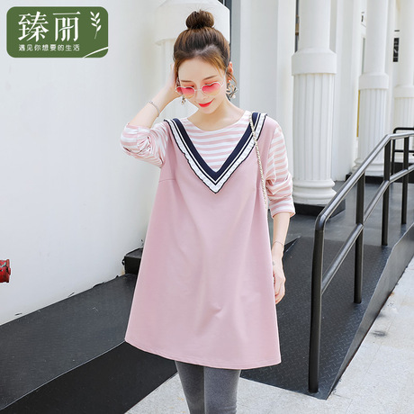 臻丽 大码女装2018秋装新款胖mm假两件连衣裙女藏肉显瘦圆领上衣商品大图