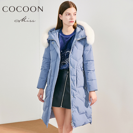 前】miss COCOON2018冬装新款女装毛领连帽中长款加厚羽绒服外套商品大图