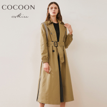 前】miss COCOON2018秋装新品女装拼接双排扣系带开叉风衣外套图片