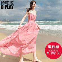 DPLAY2018新品欧美嫩粉色吊带雪纺裙收褶交叉绑带露背沙滩裙