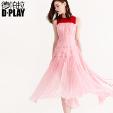DPLAY2018春夏新欧美红拼粉色无袖腰部系带百褶收腰雪纺裙连衣裙