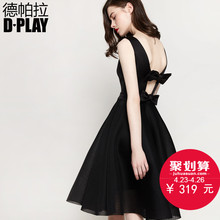 欧美黑色蝴蝶结露背收腰礼服裙修身 显瘦气质连衣裙 D-PLAY春夏款