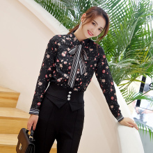 粉红大布娃娃印花衬衫新款女装气质优雅淑女碎花系蝴蝶结衬衫上衣图片