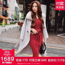粉红大布娃娃双面呢大衣冬装2018新款优雅淑女中长款狐狸毛领外套图片