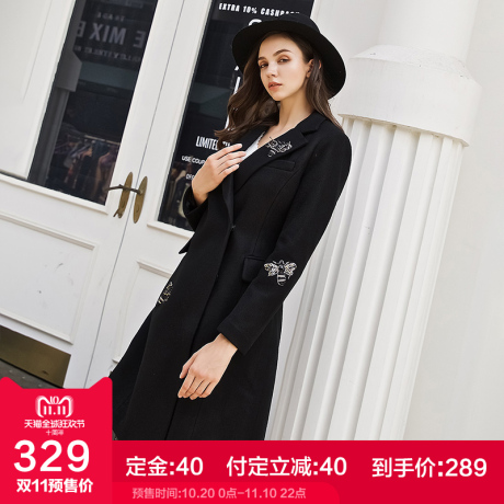 粉红大布娃娃冬装新款时尚气质帅气中长款修身黑色毛呢大衣外套商品大图