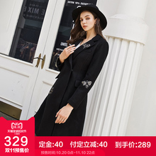 粉红大布娃娃冬装新款时尚气质帅气中长款修身黑色毛呢大衣外套图片