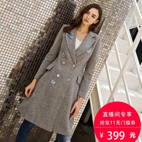 粉红大布娃娃中长款毛呢大衣冬装新款女韩版时尚优雅修身呢子外套商品大图