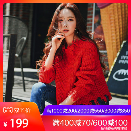粉红大布娃娃秋冬2018新款韩版时尚大红色流苏短款ins毛衣女慵懒商品大图