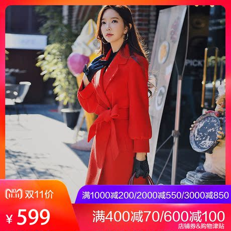粉红大布娃娃毛呢大衣冬装2018新款时尚大红色系腰带中长款外套女商品大图