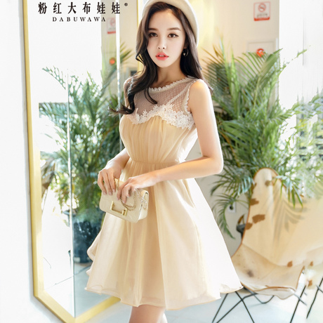 粉红大布娃娃网纱连衣裙2018新款夏装无袖花边蕾丝拼接网纱蓬蓬裙商品大图