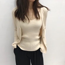 春秋女百搭包芯纱高弹力软糯吊带衫长袖开衫针织套装两件套
