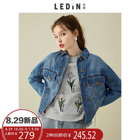 乐町2018秋季新款拼接绣花牛仔外套休闲宽松慵懒短款复古女装上衣商品大图