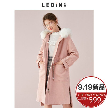 乐町连帽呢子大衣2018秋季新款女装中长款过膝纯色单排扣毛呢大衣商品大图