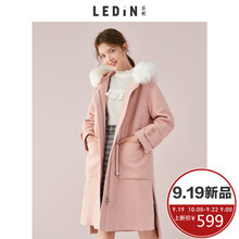 乐町连帽呢子大衣2018秋季新款女装中长款过膝纯色单排扣毛呢大衣图片