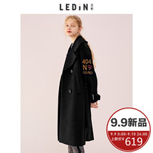 乐町2018秋装新款双排扣刺绣腰带毛呢大衣羊毛呢外套女中长款秋冬图片