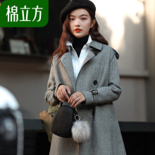 双面呢子大衣女中长款2018冬季新款棉立方韩版人字纹秋冬毛呢外套图片