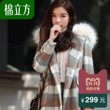Mefound/棉立方大格子毛领长大衣图片