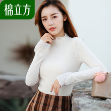 小清新白色慵懒蕾丝t恤女秋季2018新款棉立方长袖打底衫甜美上衣图片