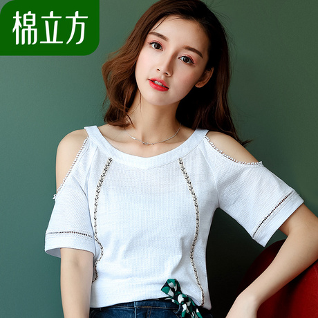 白色短袖纯棉露肩花边T恤女夏季2018新款棉立方气质少女性感上衣商品大图