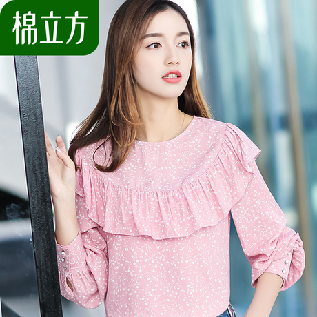 棉立方秋款上衣女2018新款女装宽松甜美碎花圆领长袖T恤洋气小衫商品大图