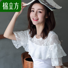 小心机五分袖t恤女2018新款棉立方夏装韩范白色拼接绣花雪纺上衣图片