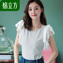 t恤女短袖2018新款棉立方夏装学生气质条纹蝴蝶结白色蕾丝上衣女图片