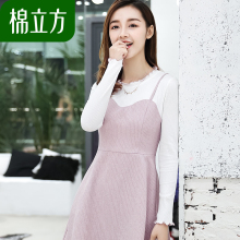 温柔风小个子连衣裙棉立方2018新款秋装女装高腰粉色chic韩风裙子图片