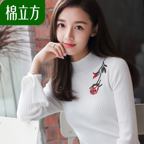 韩版修身显瘦针织衫棉立方2017秋装新款女装刺绣半高领喇叭袖毛衣商品大图