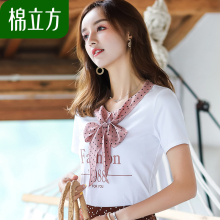甜美可爱领结印花T恤女夏2018新款棉立方白学生清新短袖韩范上衣图片