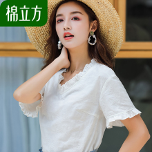 时尚休闲白色宽松t恤女夏季2018新款棉立方花边小性感V领短袖上衣图片