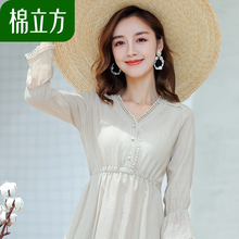 气质简约花边不规则下摆连衣裙女秋2018新款棉立方收腰慵懒风裙子图片