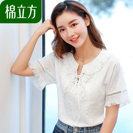 白色纯棉个性甜美t恤女夏季2018新款棉立方拼接流苏短袖修身上衣商品大图