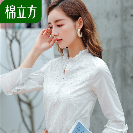 纯棉白色绣花棉套头t恤女秋装2018新款棉立方气质小清新长袖上衣商品大图