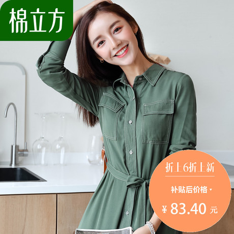 港味复古女式长袖连衣裙秋季2018新款棉立方小清新修身温柔风裙子商品大图