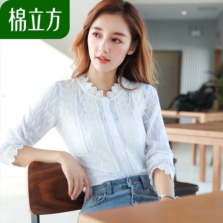 小清新纯棉花边白衬衫女秋装2018新款棉立方韩范学院风文艺女上衣商品大图