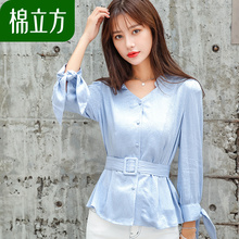 小清新衬衫女秋装2018新款棉立方韩范修身学生蝴蝶结木耳边上衣女图片