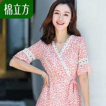 纯棉印花斜系连衣裙女夏季2018新款棉立方镂空花边沙滩海边度假裙图片