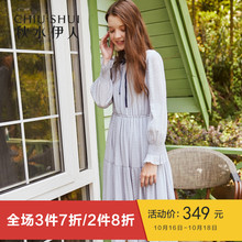 秋水伊人连衣裙2018冬装新款女装木耳边领织带修身显瘦裙子A字裙图片